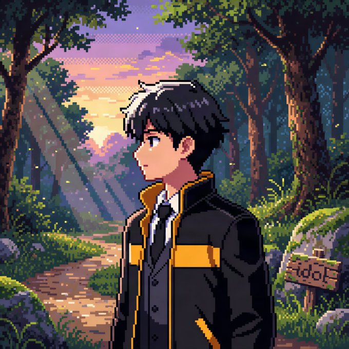 A pixel art image of an anime-style character with black and white hair standing on a forest path at sunset, with a small sign reading 'idol'.