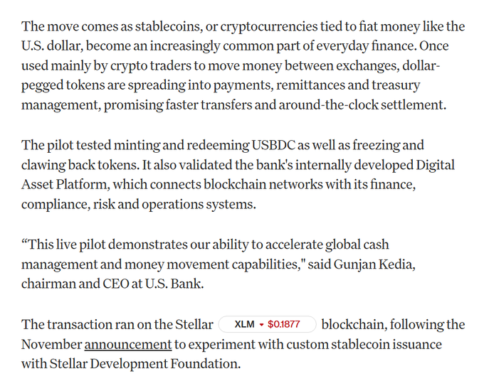 A news excerpt about U.S. Bank successfully completing a live pilot for minting and redeeming USDC stablecoins on the Stellar (XLM, $0.1877) blockchain, featuring a quote from CEO Gunjan Kedia and referencing a partnership with the Stellar Development Foundation. The image supports the post by highlighting a major milestone in real-world stablecoin adoption by a major U.S. bank.