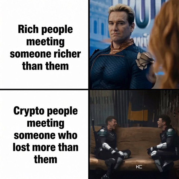A meme using scenes from The Boys compares "Rich people meeting someone richer than them" (Homelander smiling) with "Crypto people meeting someone who lost more than them" (two soldiers laughing).