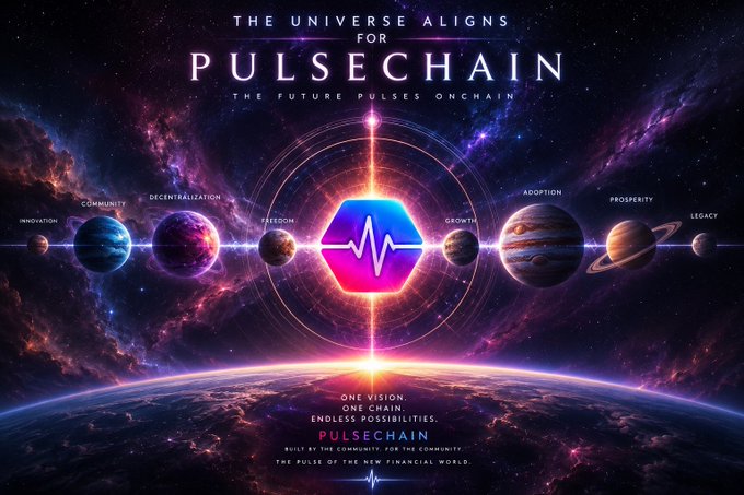 A cosmic promotional graphic for **PULSECHAIN** features a glowing hexagonal logo with a pulse waveform at its center, surrounded by aligned planets labeled with core values: Innovation, Community, Decentralization, Freedom, Growth, Adoption, Prosperity, and Legacy. The tagline "The Universe Aligns for PulseChain" and "The Future Pulses Onchain" visually echoes the post's sentiment that the crypto universe is converging in favor of $PulseChain.
