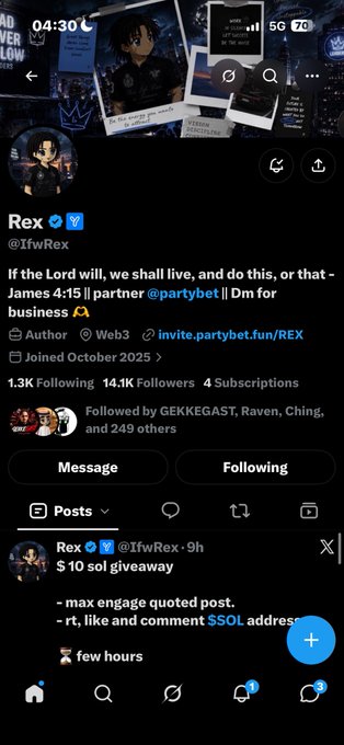 An X (Twitter) profile for 'Rex' (@IfwRex) with 1.3K Following, 14.1K Followers, displaying a pinned post about a $10 SOL giveaway with a partnership announcement mentioning partybet.