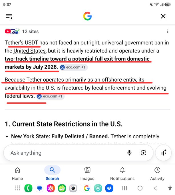 A mobile screenshot of a Google search result discussing Tether's USDT restrictions in the United States, with text mentioning a potential full exit from domestic markets by July 2028.