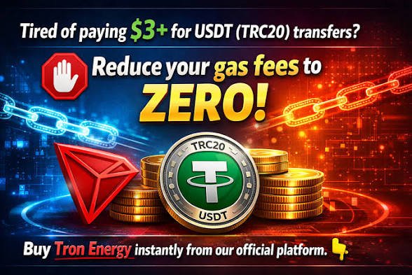 An advertisement for buying Tron Energy to reduce USDT (TRC20) transfer gas fees to zero, featuring Tron and USDT coin graphics.