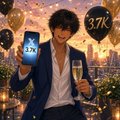 The image shows an anime-style character in a blue suit holding a smartphone displaying "3.7k" while another "3.7K" appears in a heart balloon, with champagne and a city skyline in the background—visually celebrating 3.7K engagement in a playful, aspirational tone that matches the post's question about audience engagement.