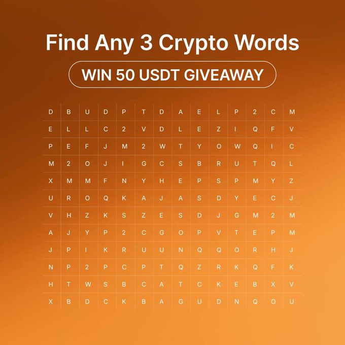 An orange-themed word search puzzle titled 'Find Any 3 Crypto Words' with a 'WIN 50 USDT GIVEAWAY' banner, featuring a grid of letters and numbers to search through.