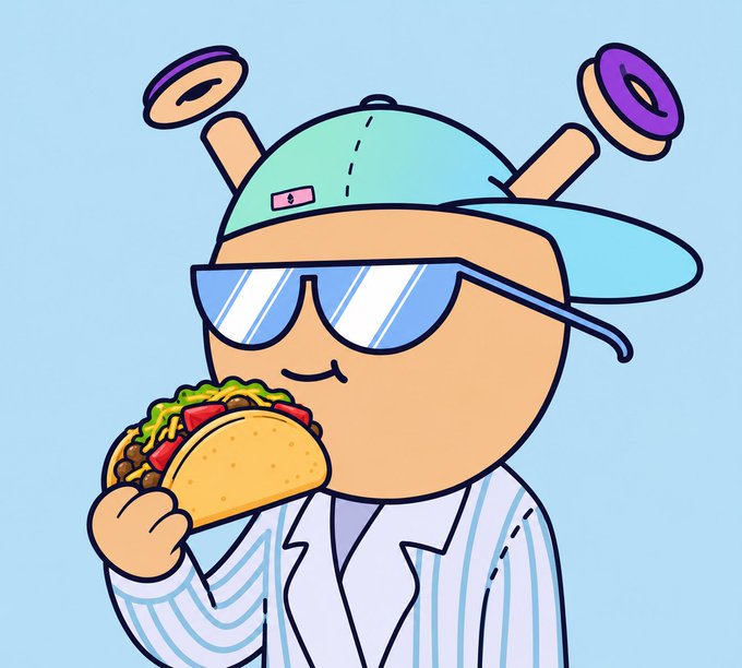 A cartoon character wearing a backwards cap, sunglasses, and a striped blazer happily holds a large taco, with two spinning donuts floating above their head, perfectly capturing the fun "Happy Taco Tuesday" vibe.