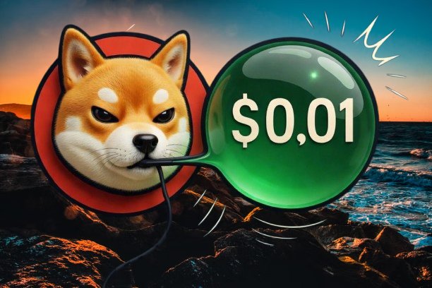 A Shiba Inu dog with a serious expression is depicted blowing up a green balloon labeled "$0.01," set against a dramatic coastal sunset, visually representing the post's question about whether $SHIB can reach the $0.01 price target within 30 days.