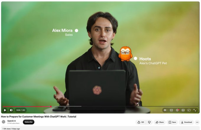 A YouTube video screenshot titled 'How to Prepare for Customer Meetings With ChatGPT Work | Tutorial' shows 'Alex Miora' from Sales speaking in front of a green background, with an animated orange character labeled 'Hoots' next to him.