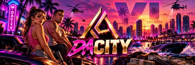 A neon-purple “DACITY” promotional banner shows a woman and man seated on a car against a futuristic waterfront cityscape with palm trees, helicopters, speedboats, and a large “LEONIDA” mark. It accompanies the announcement that the $DACITY token has upgraded to Pro on Moby for 12 weeks, with its banner, socials, and full profile live on the token page.