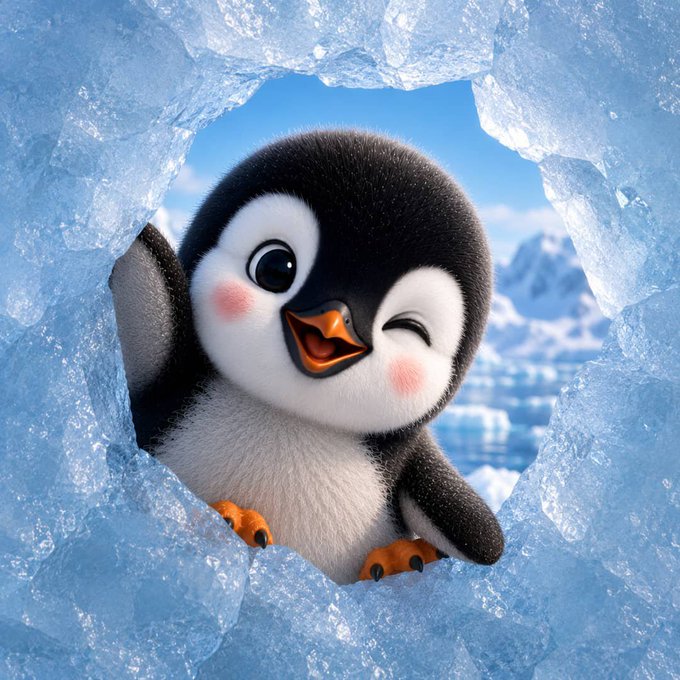 A cute, cartoon-style 3D-rendered baby penguin with rosy cheeks peeking through a hole in an ice wall, set against an icy landscape with blue sky.