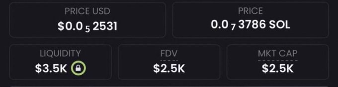 A cryptocurrency price tracker displays a token priced at approximately $0.02531 USD (0.03786 SOL), with liquidity of $3.5K and a market cap and FDV of just $2.5K. The image reinforces the post's pitch of an ultra-low-cap micro-cap coin, illustrating the $2K valuation cited as the starting point for the promised 1000x moonshot.