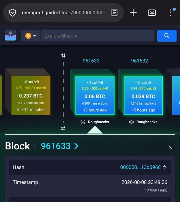 The image shows the mempool.space Bitcoin blockchain explorer displaying blocks 961632 and 961633, with Block 961633 mined by Roughnecks containing 4,300 transactions. The post references BIP110, suggesting these empty/template-style blocks are examples of blocks that would be filtered under the BIP110 proposal to combat non-standard or spam transactions on the Bitcoin network.