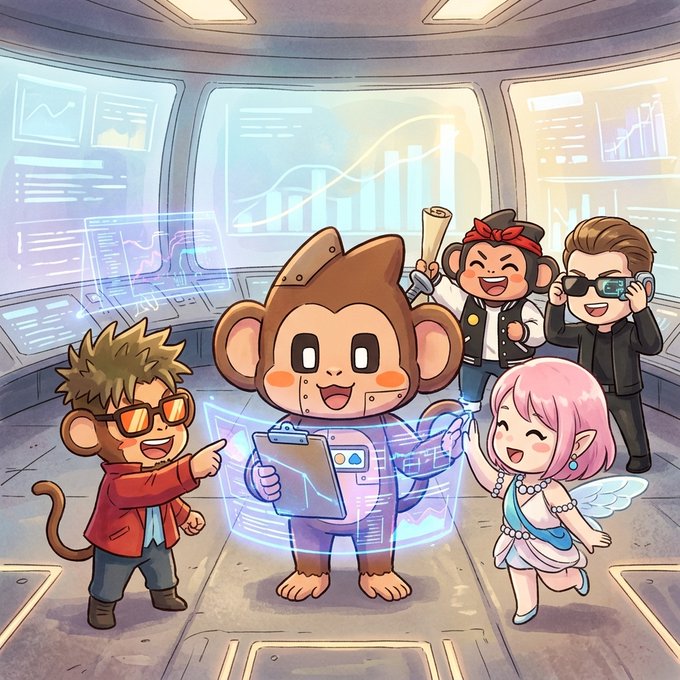 An anime-style illustration of cartoon monkey and fairy characters in a high-tech control room, analyzing holographic charts and trading data with tablets and megaphones.