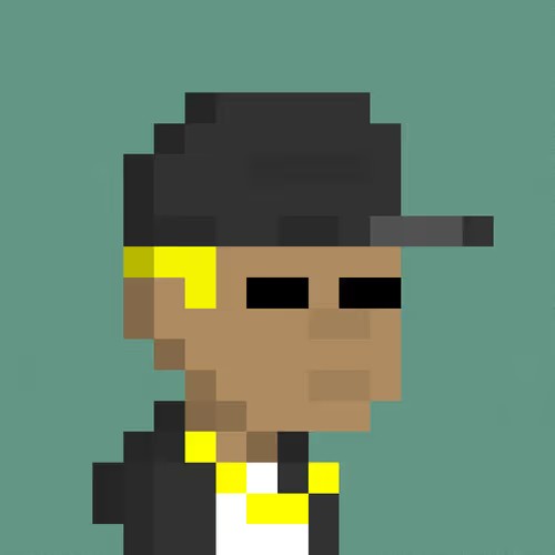 A pixel art illustration of a person with a black cap and dark jacket over a white shirt against a teal background.