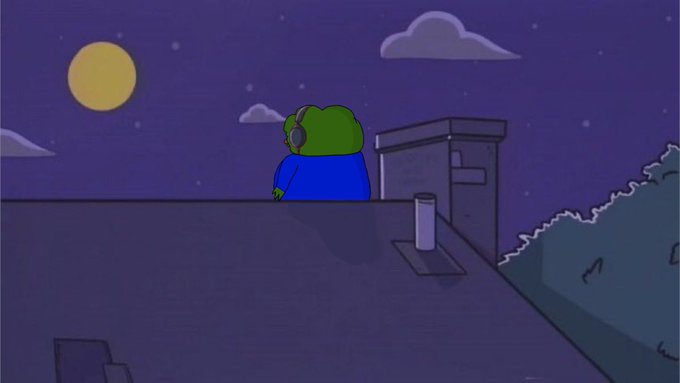 A cartoon frog in a blue shirt stands on a rooftop at night, gazing up at a full moon and starry sky. The serene, solitary scene matches the "gn" (good night) post's sleepy, reflective mood.