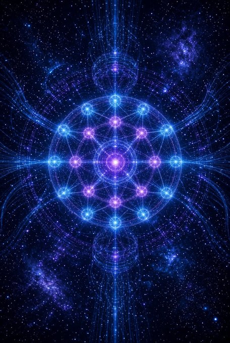 A cosmic digital artwork featuring a glowing geometric mandala with blue and purple light nodes radiating outward against a starry space background.