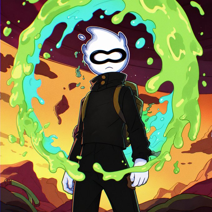 A masked, white-skinned figure in a dark coat stands amid swirling green slime against an alien landscape, evoking an otherworldly explorer. The image reinforces the post's theme of decentralized Web3 communication, suggesting a lone pioneer navigating the frictionless, efficient flow of information across uncharted digital terrain.