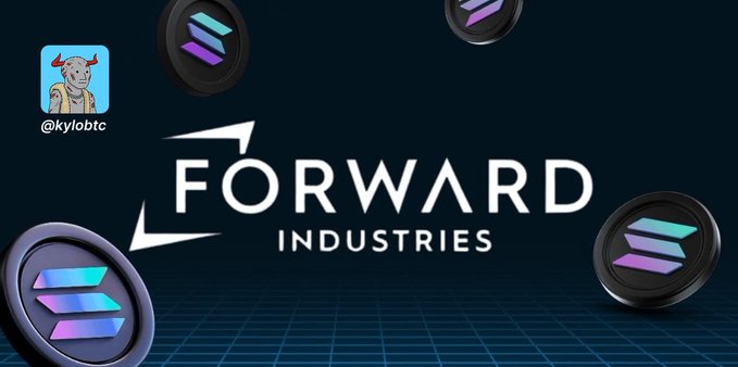 A promotional graphic for Forward Industries featuring the logo with Solana cryptocurrency tokens floating around, branded with the Twitter handle @kylobtc.
