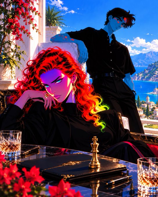 A vivid anime-style illustration depicting a blue-skinned character with red hair and glowing green eyes seated at a table with a chess piece, while a tall dark-haired figure stands behind her against a coastal Mediterranean backdrop.