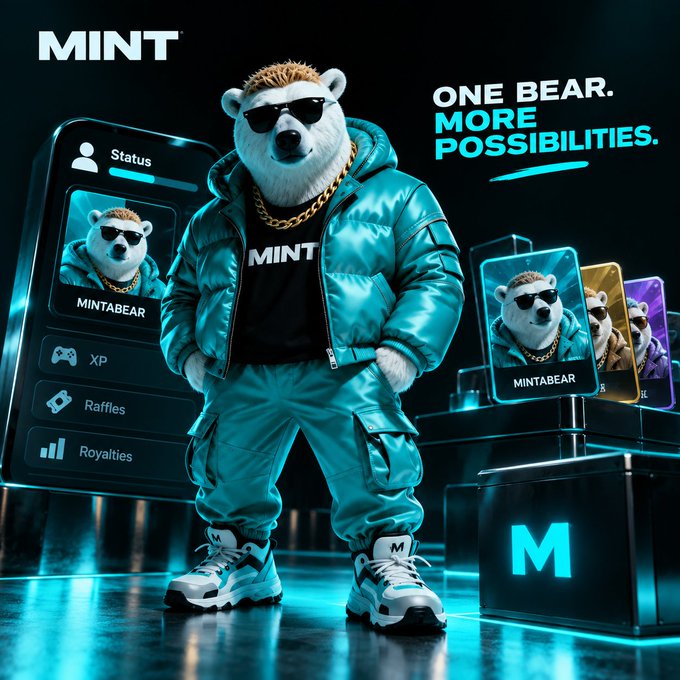 A promotional advertisement for 'MINT' featuring an anthropomorphic polar bear wearing sunglasses, a gold chain, and a teal puffer jacket, with the tagline 'ONE BEAR. MORE POSSIBILITIES.'