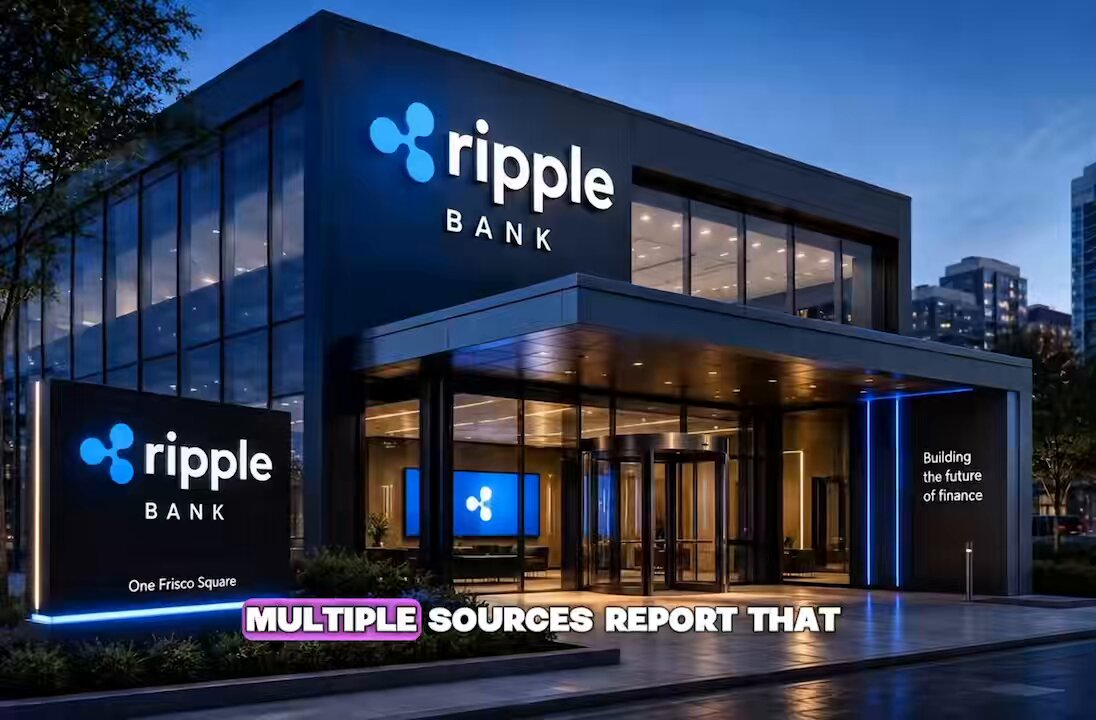 The image shows a large building with a blue sign that says "Ripple Bank" above its entrance. The building appears to be a bank, as indicated by the presence of multiple sources within the image. These sources are likely Ripple's U.S. national bank license approval or something related to it. The text in the image suggests that this could be an important announcement regarding Ripple's regulatory status, and it is expected to be one of the biggest regulatory wins for Ripple in recent history.