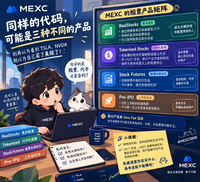 An infographic for MEXC explaining stock products, listing 'RealStocks', 'Tokenized Stocks', 'Stock Futures', and 'Pre-IPO' alongside a cartoon illustration of a boy at a laptop with a cat.