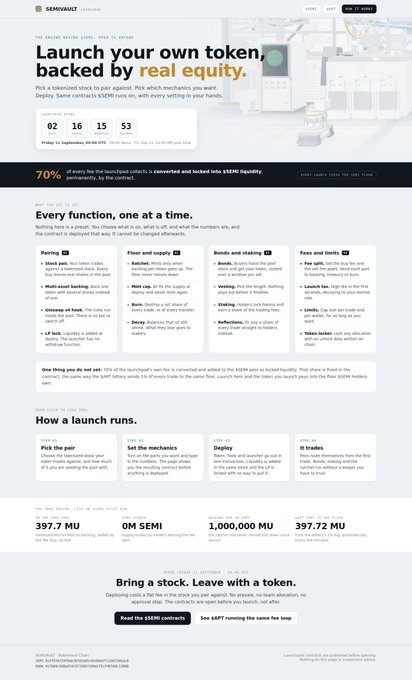 A webpage for SERM Vault titled 'Launch your own token, backed by real equity' with a countdown timer, statistics (397.7 MU, 0M SEMI, 1,000,000 MU, 397.72 MU), and details on their token launch process.