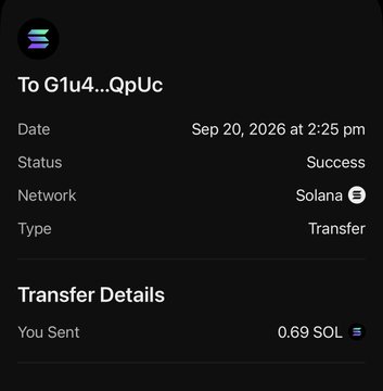 A screenshot of a successful Solana wallet transfer showing 0.69 SOL sent to address G1u4...QpUc on Sep 20, 2026 at 2:25 pm, serving as proof of payment to back up the accompanying post claiming "$75 each" was sent to tagged users @onerandomguyyyy and @rRixkk.