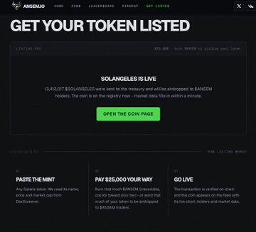 The image shows the "Get Your Token Listed" page on ansem.io, announcing that "SOLANGELES IS LIVE" with 13,412,017 SOLANGELES tokens sent to the treasury and airdropped to $ANSEM holders. This directly reflects the post's announcement of solangeles being the first token listed on ansem.io, following a token burn and airdrop to holders.