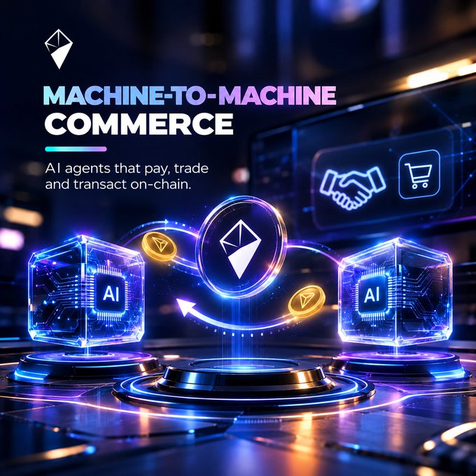 A promotional graphic for 'Machine-to-Machine Commerce' featuring AI agents, an Ethereum logo, and a handshake icon.