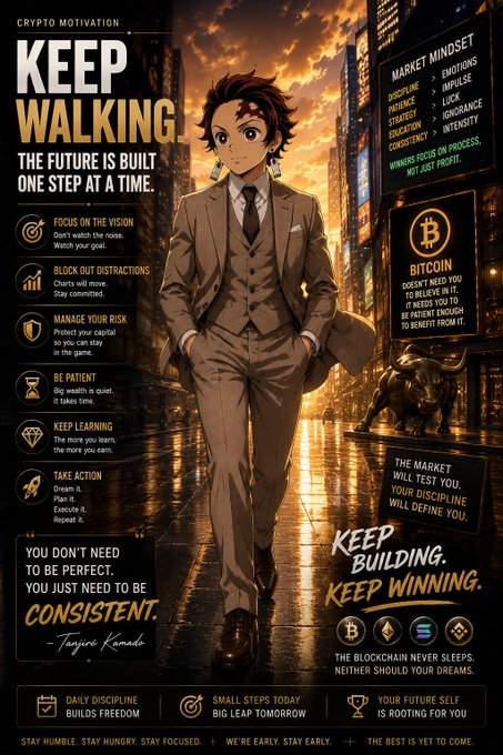 An anime-style motivational poster titled 'KEEP WALKING - THE FUTURE IS BUILT ONE STEP AT A TIME' featuring Tanjiro Kamado in a suit, with crypto motivation tips like 'MARKET MINDSET,' 'DISCIPLINE,' 'BITCOIN,' and tags including 'DREAM IT. PLAN IT. EXECUTE IT. REPEAT IT.'