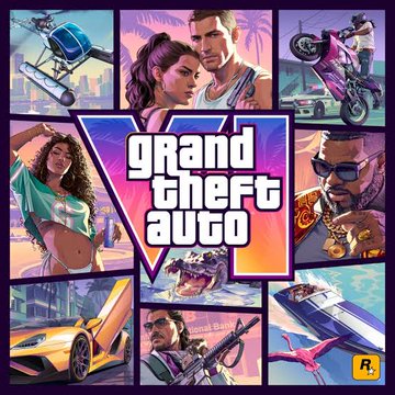 The official Grand Theft Auto VI promotional artwork featuring a collage of characters, vehicles, and a pink flamingo in Vice City's vibrant setting.