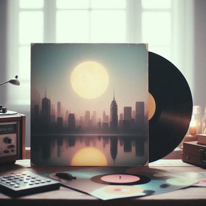 A vinyl record sleeve with a stylized city skyline and large sun stands on a desk beside a turntable, records, and small devices.
