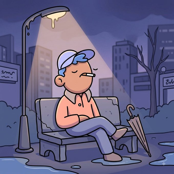 A cartoon illustration of a man with blue hair wearing a cap, sitting on a bench smoking a cigarette under a streetlight at night, with puddles on the ground.
