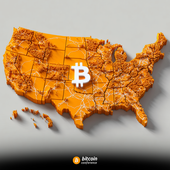 An orange 3D map of the United States with a Bitcoin symbol overlay and white network lines, branded with the 'bitcoin conference' logo at the bottom.