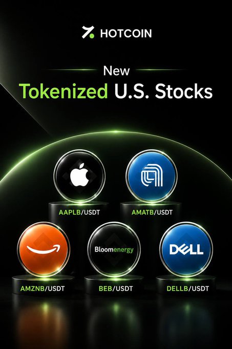 A promotional graphic for Hotcoin announcing "New Tokenized U.S. Stocks," featuring five circular icons representing the tickers AAPL/B (Apple), AMAT/B (Applied Materials), AMZN/B (Amazon), BEB/B (Bloom Energy), and DELL/B (Dell), each paired with USDT, visually highlighting the five technology-themed tokenized stock launches scheduled for July 30.