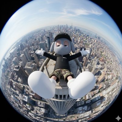 A stylized 3D character wearing a cap, headphones, and a black jacket sitting on the edge of a building high above a sprawling city, with arms outstretched and the Earth curving below.