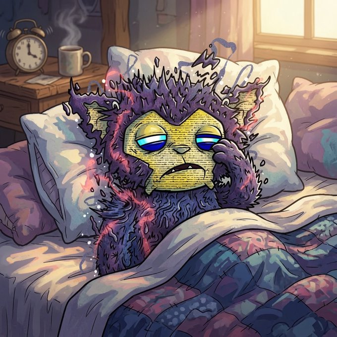 An illustration of a tired-looking yellow cat character wearing a purple fuzzy hooded outfit, lying in bed under a colorful blanket with half-closed blue eyes, next to a nightstand with an alarm clock and a steaming mug.