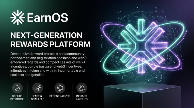 Promotional graphic for 'EarnOS,' a next-generation rewards platform featuring decentralized reward protocols, with badges for Secure Protocol, Fast & Scalable, Decentralized, and Instant Payouts.
