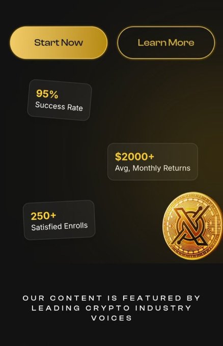 A sleek black background showcases two prominent buttons—"Start Now" in gold and "Learn More" outlined in gold—alongside statistics like "95% Success Rate," "$2000+ Avg. Monthly Returns," and "250+ Satisfied Enrolls," with a gold XRP coin featured prominently and the caption "OUR CONTENT IS FEATURED BY LEADING CRYPTO INDUSTRY VOICES." The design reinforces the post's message about deepening XRP knowledge, positioning the advertised platform as the educational resource that reveals XRP's full potential beyond simple holding.
