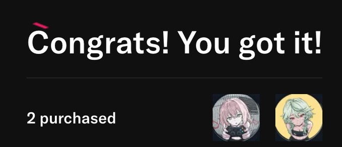 A confirmation screen displays "Congrats! You got it!" with "2 purchased" alongside two small chibi-style character avatars—one with pink hair and one with green hair—visually representing the user's acquisition of two additional Momo NFTs from their Dream Pack collection.