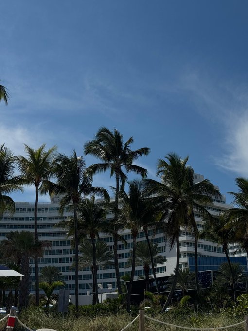 A tropical scene featuring tall palm trees in front of a large white multi-story building, likely a hotel or resort, set against a bright blue sky with wispy clouds.