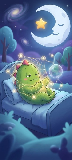 An illustration of a cute, sleeping cactus character on a bed under a constellation-like network of stars, with a crescent moon and star in the night sky background.