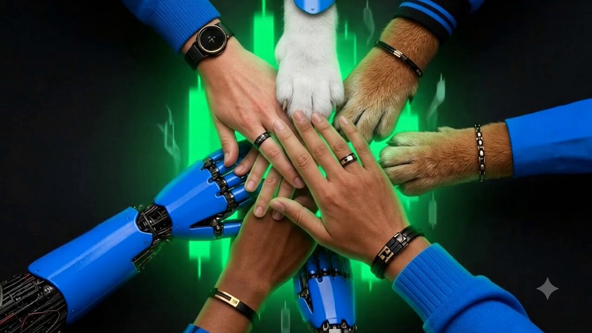 The image features a group of people wearing bracelets, with one person's wristwatch glowing green. The bracelet-wearers are standing close together, forming a circle around each other. In the background, there is a robot arm that appears to be made out of blue and white materials. The caption on the post reads "Together $LUNC Will pump higher".