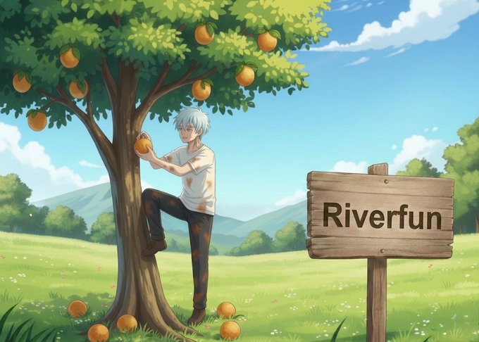 An anime-style illustration of a white-haired boy picking oranges from a tree in a grassy field, next to a wooden sign reading 'Riverfun'.