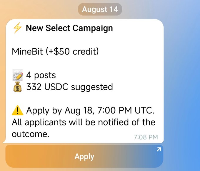 A notification from Wallchain dated August 14 announces a new Select Campaign from MineCit offering 332 USDC for 4 posts, with a deadline to apply by August 18 at 7:00 PM UTC. This matches the post, which highlights the $83-per-post rate and the additional $50 credit, capturing the user's deliberation over whether to accept the offer.