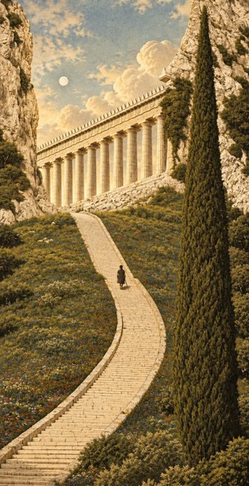 A surreal digital artwork depicting a lone figure walking up a stone staircase toward a classical Greek temple nestled between rocky cliffs, with a tall cypress tree and a moon in the sky.