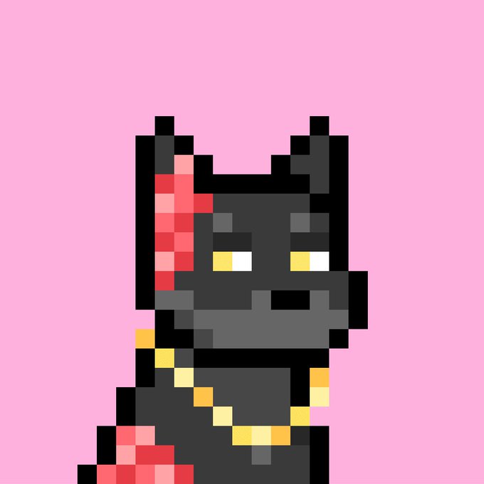 A pixel-art illustration of a black cat wearing a gold chain and a red bandana, set against a pink background.