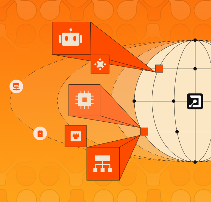 A vibrant orange illustration shows various technology icons including a robot, AI, and computer chips connected to a globe, suggesting global technology themes.