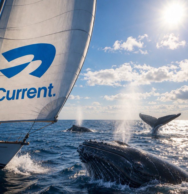 A sailboat bearing the "Current" logo glides past surfacing whales beneath a bright sun over open ocean — visually tying $CRT's "Current" ticker to the natural movement and force of the sea.